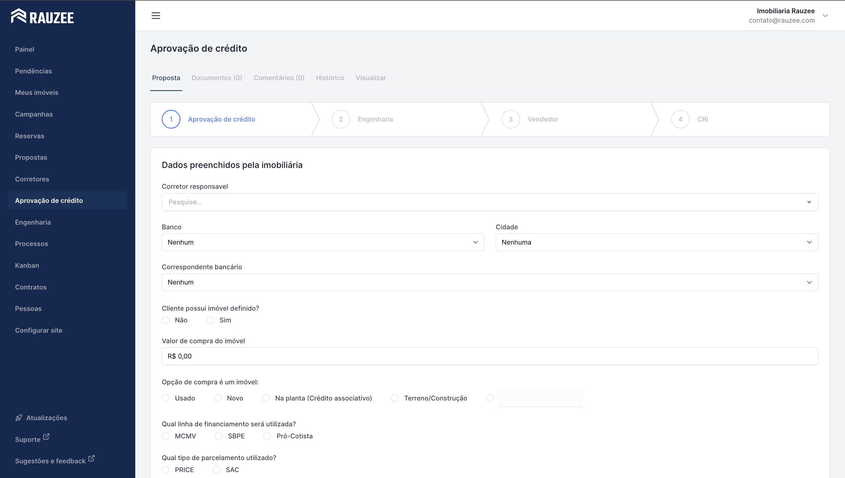 Tela do sistema Rauzee demonstrando a funcionalidade de propostas de financiamento