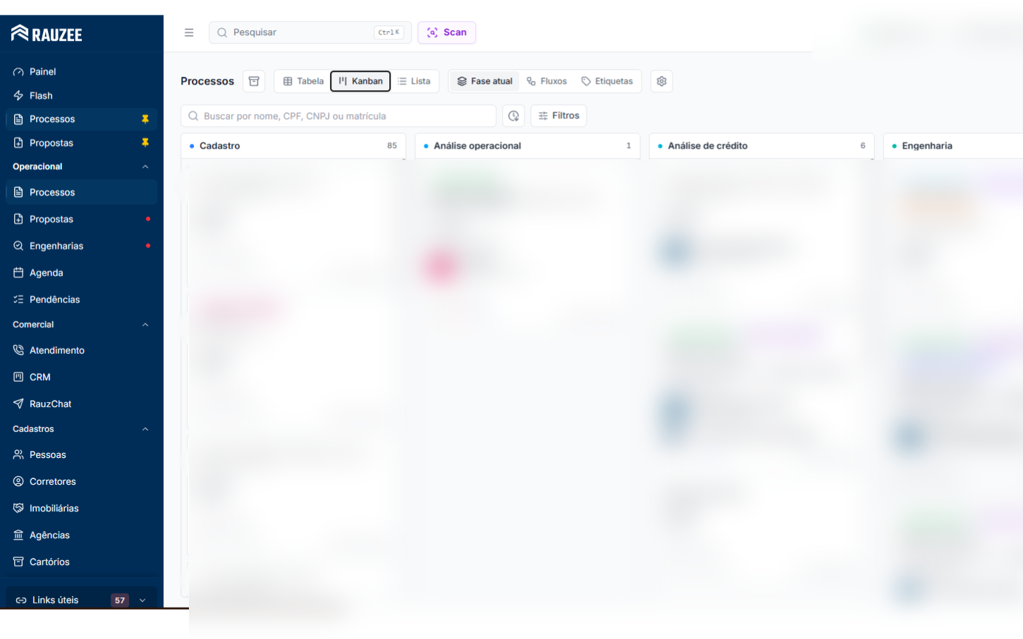 Tela do sistema Rauzee reconstruído: a esteira do correspondente em kanban, por fase do processo