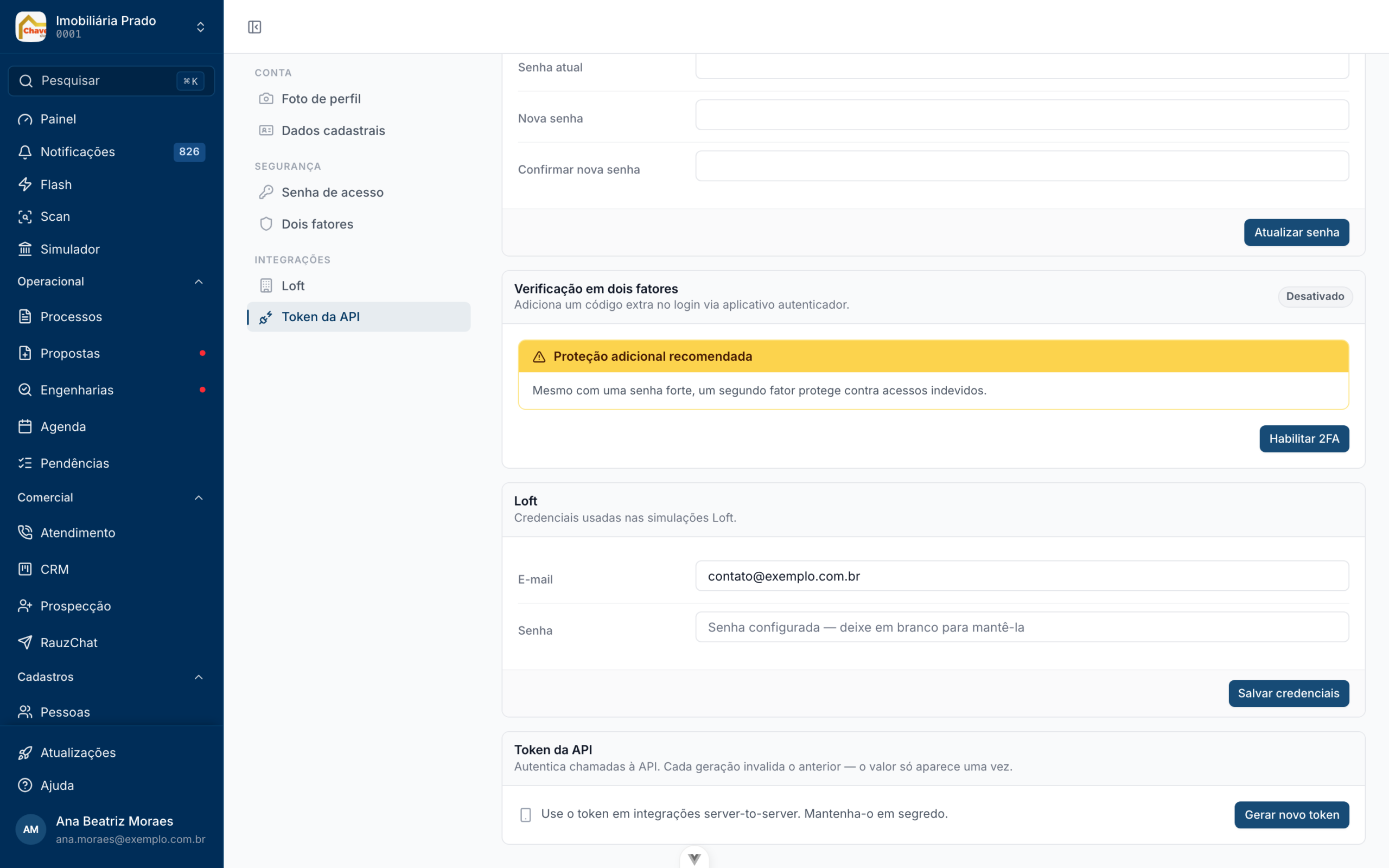 Token da API e credenciais da Loft na tela de conta do Rauzee, com a seção Integrações no menu lateral