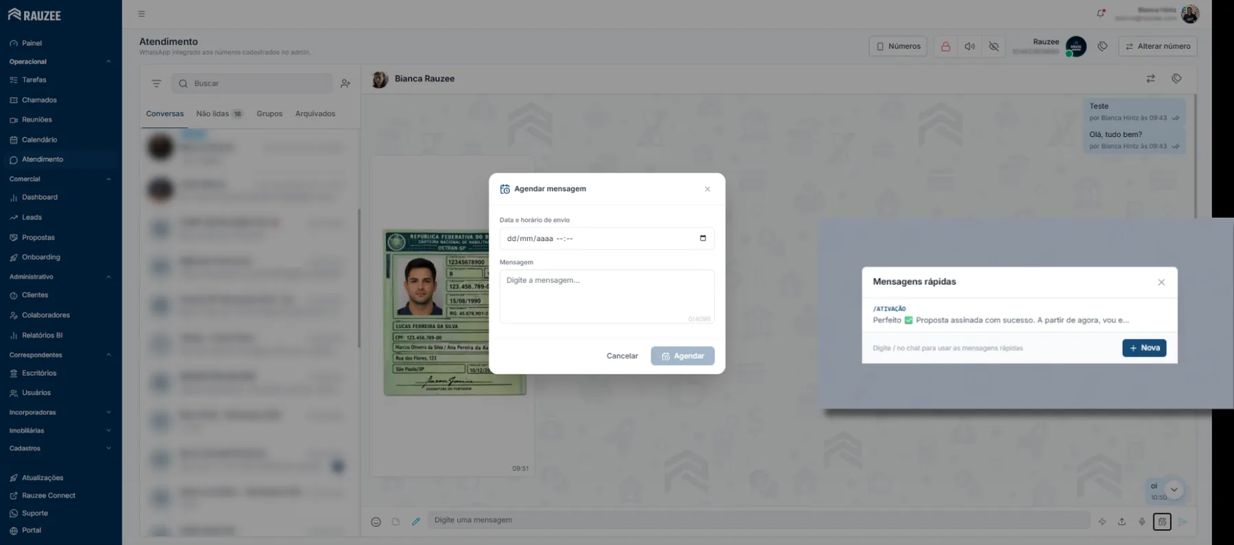 Módulo de atendimento da Rauzee com o WhatsApp integrado ao CRM: a conversa do cliente, o documento recebido e o agendamento da mensagem