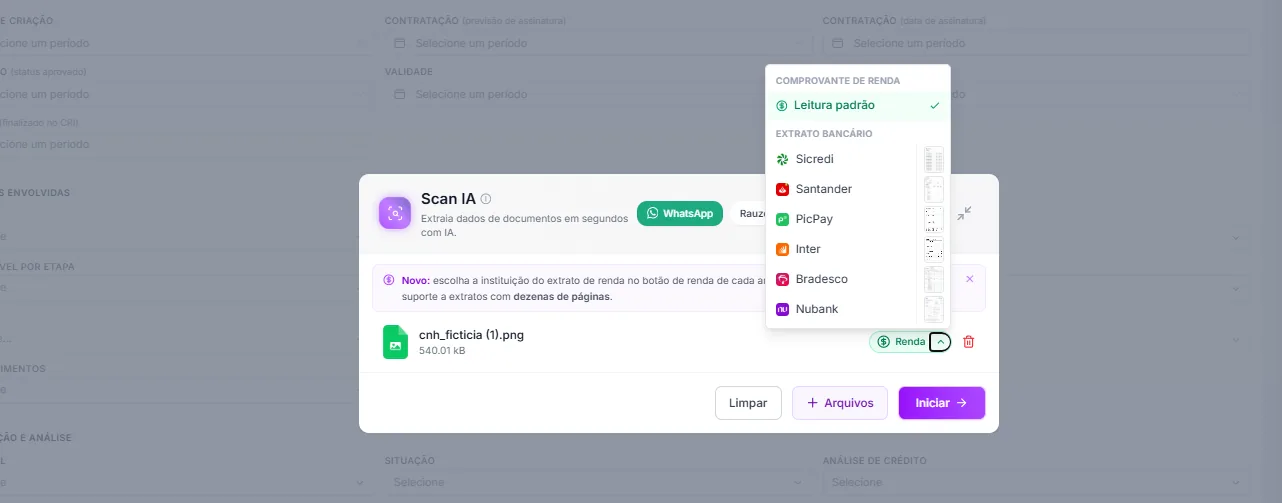 Scan IA do Rauzee lendo o comprovante de renda, com a escolha da instituição do extrato bancário e o aviso de que aceita extratos de dezenas de páginas