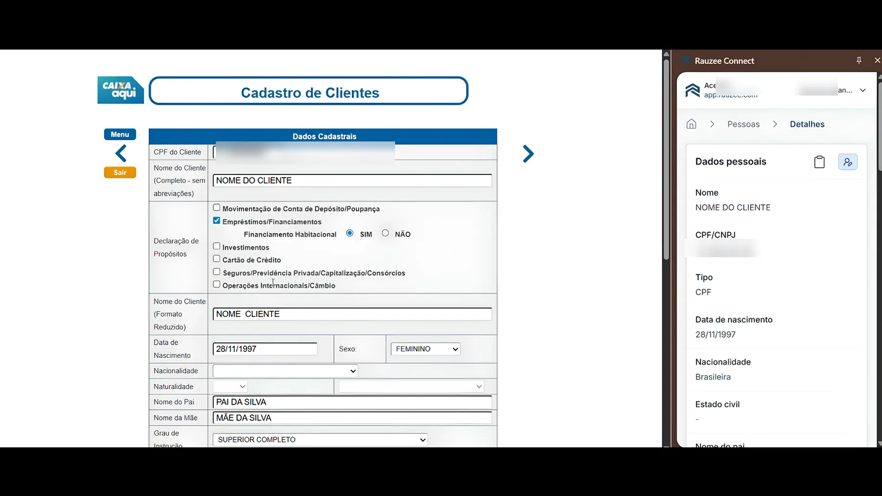 Rauzee Connect aberto sobre o portal da Caixa, levando os dados do processo para o formulário do banco sem redigitar