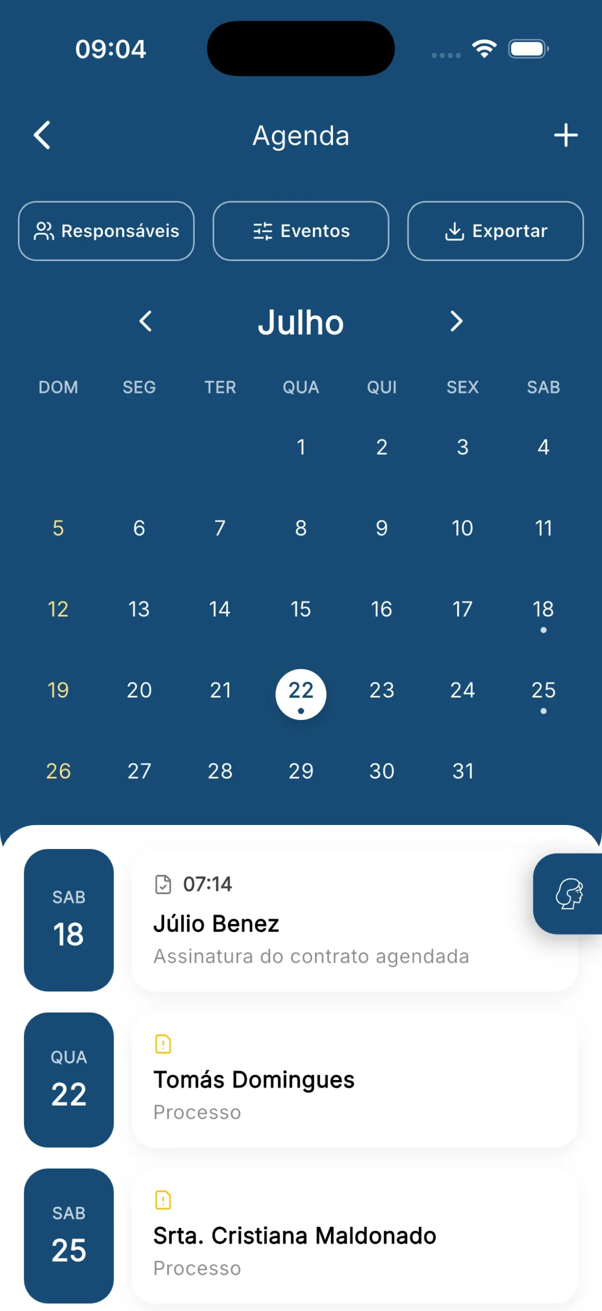 Agenda do aplicativo Rauzee com o calendário do mês e os compromissos do período, entre eles uma assinatura de contrato agendada