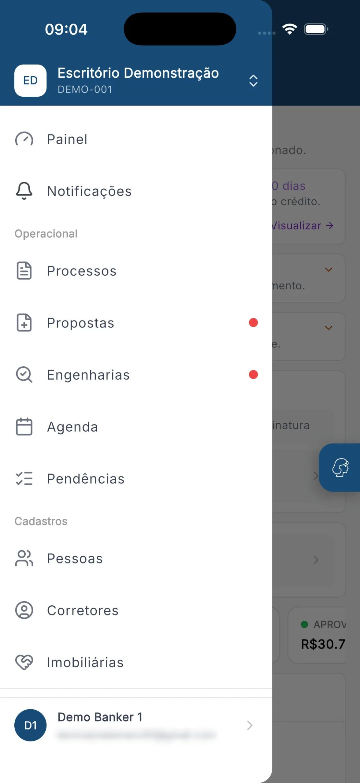 Menu do aplicativo Rauzee no perfil correspondente: painel, notificações, processos, propostas, engenharias, agenda, pendências e os cadastros de pessoas, corretores e imobiliárias