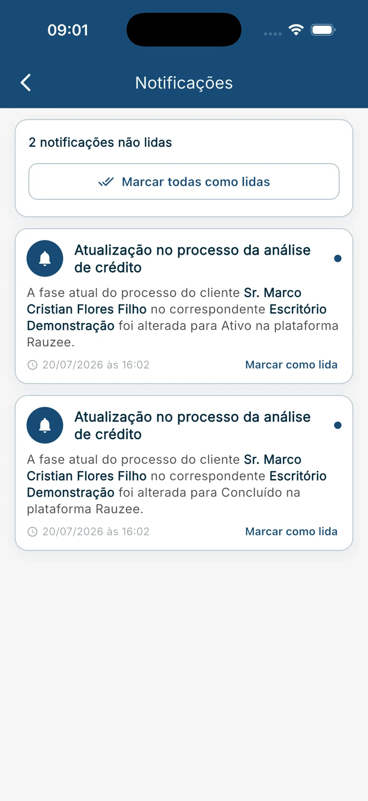 Notificações do aplicativo Rauzee avisando que a fase do processo mudou, com o cliente, o correspondente, a fase nova e a hora