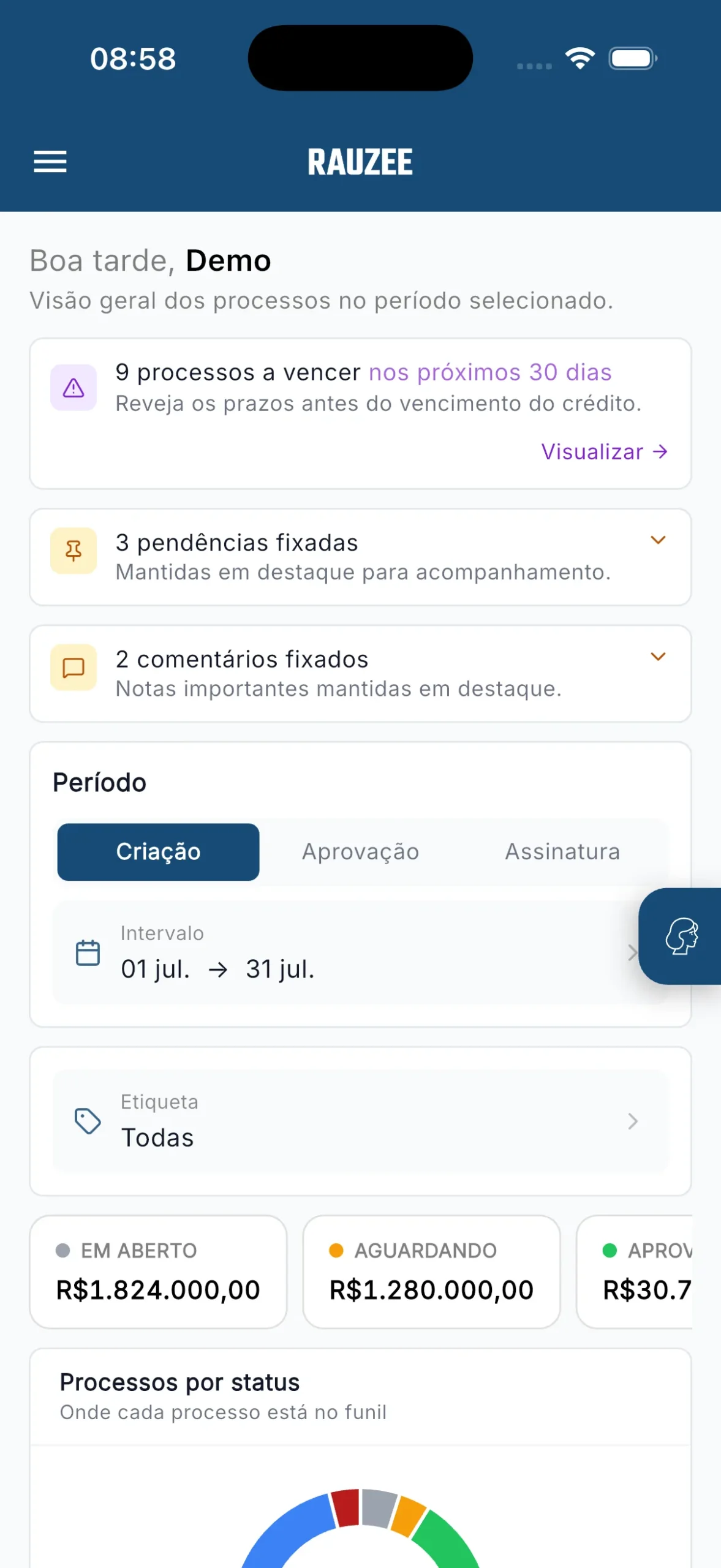 Painel do aplicativo Rauzee no celular, com o aviso de processos a vencer nos próximos 30 dias, o filtro de período e os valores por status