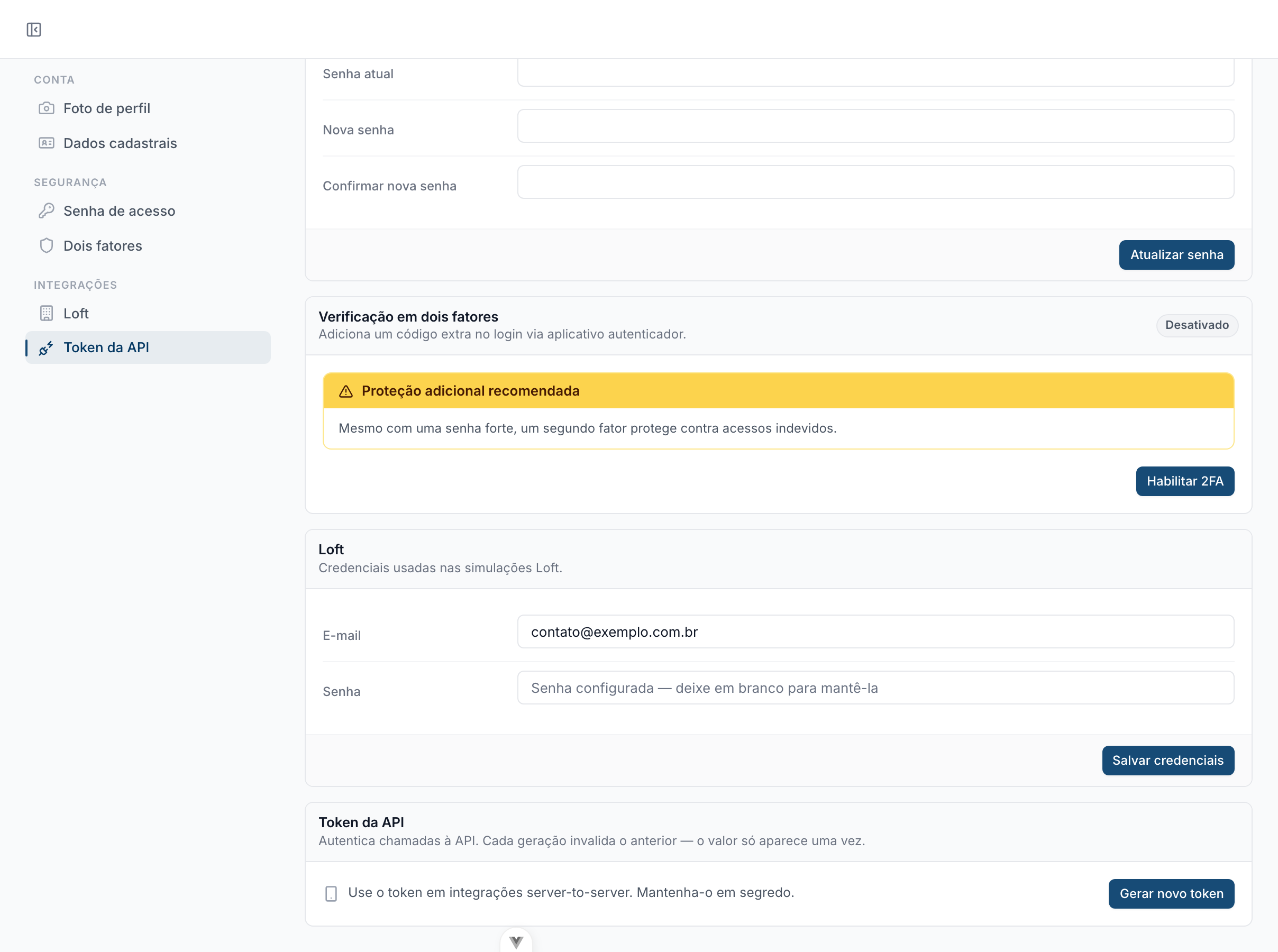 Tela de conta no Rauzee com a seção Integrações no menu, as credenciais da Loft e o Token da API