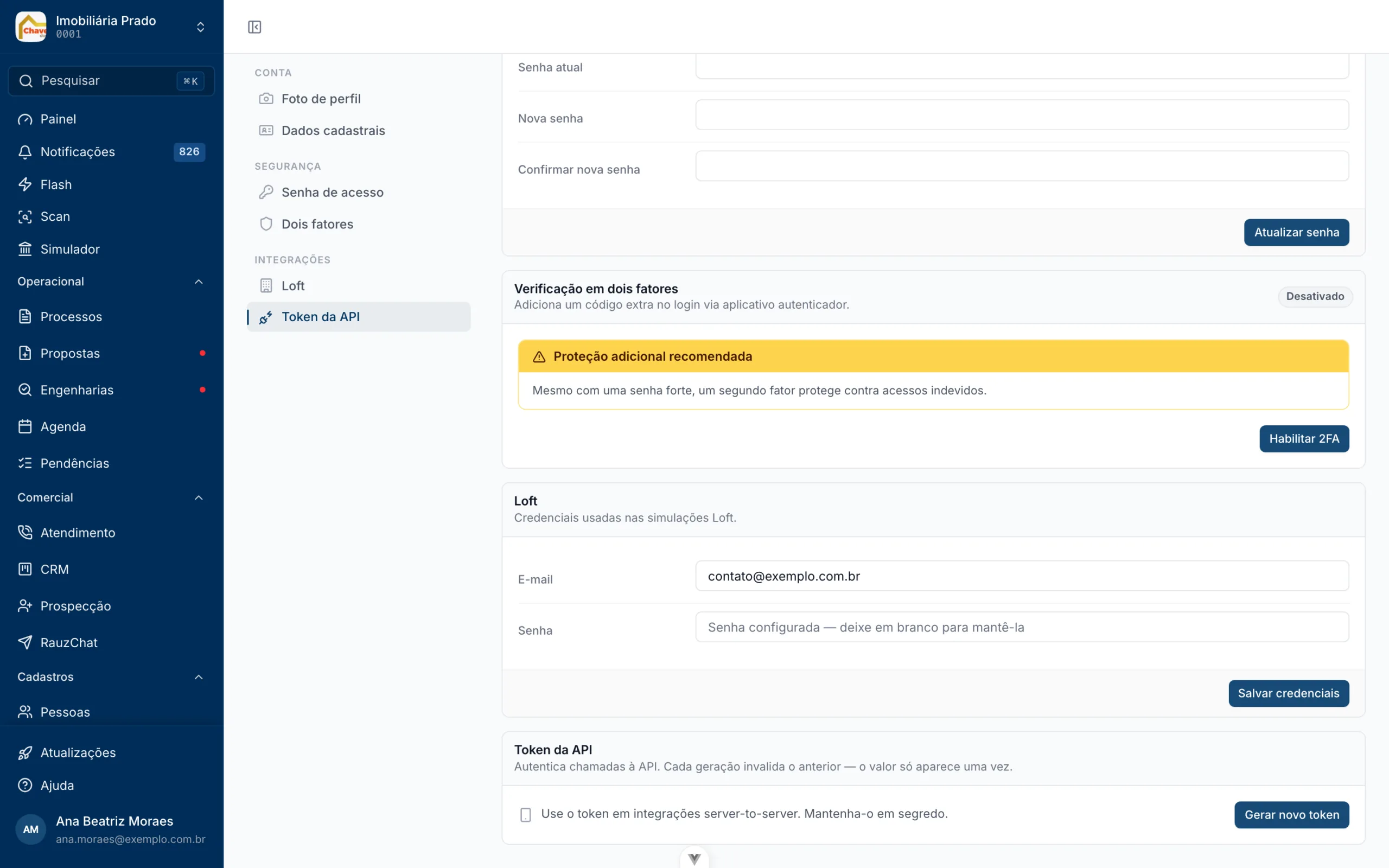 Token da API e credenciais da Loft na tela de conta do Rauzee, com a seção Integrações no menu lateral