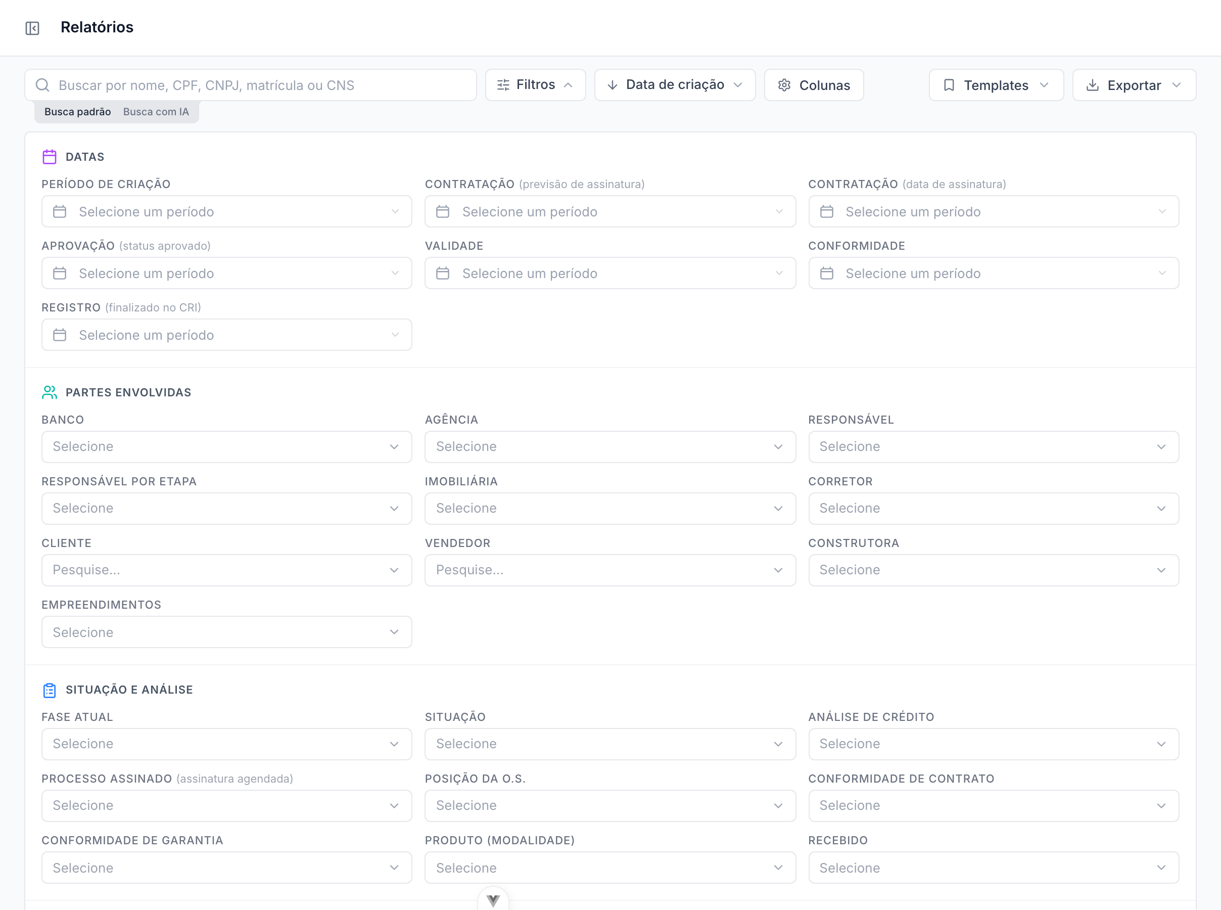 Relatório de processos do Rauzee, com filtros por período, banco, agência, fase e responsável (área de trabalho, sem o menu lateral)
