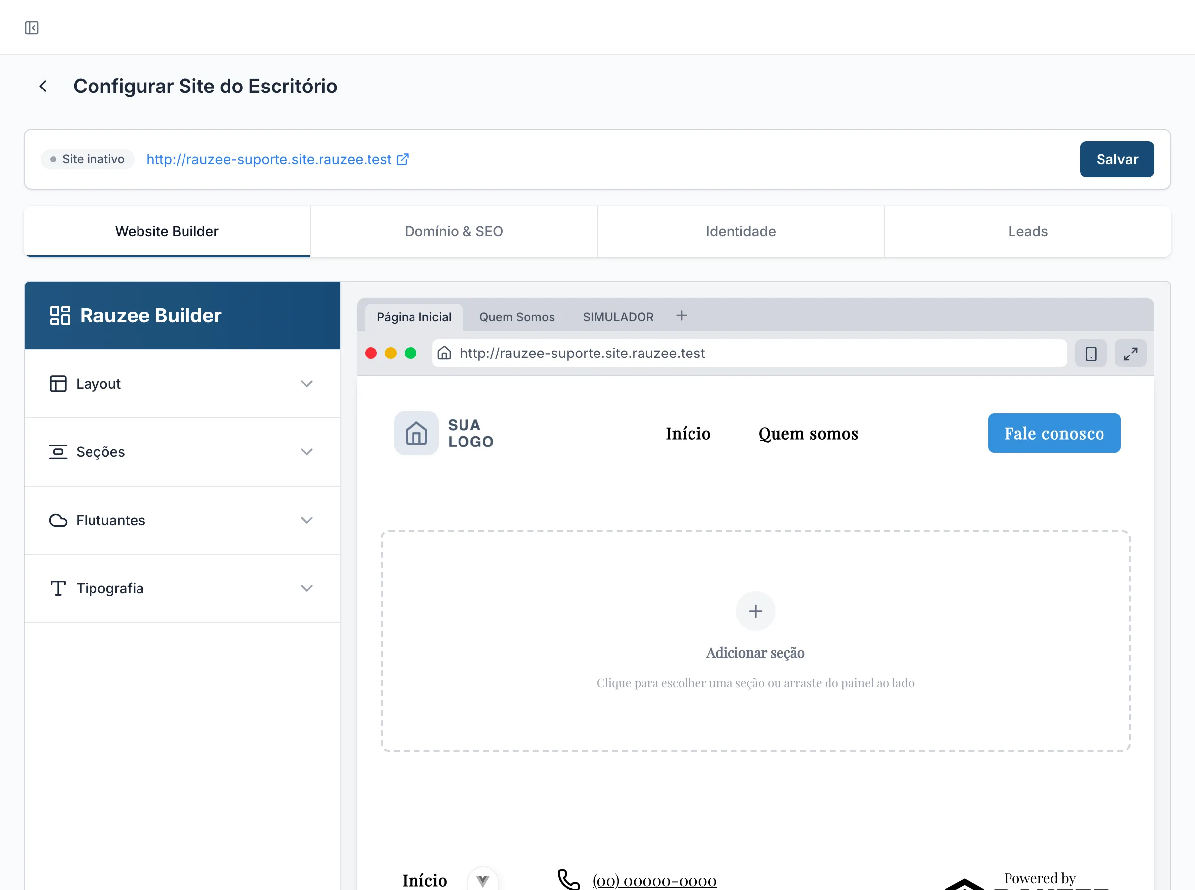 Tela Configurar Site do Escritório no Rauzee, com as abas Website Builder, Domínio e SEO, Identidade e Leads