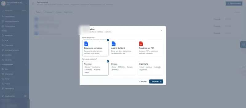 Criação de um modelo de formulário no Rauzee, a partir de documento em branco, de um Word ou de um PDF, com as variáveis do processo, da pessoa e da engenharia