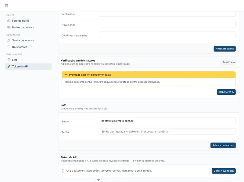Tela de integrações do Rauzee, com as credenciais da Loft e o token da API para chamadas server-to-server