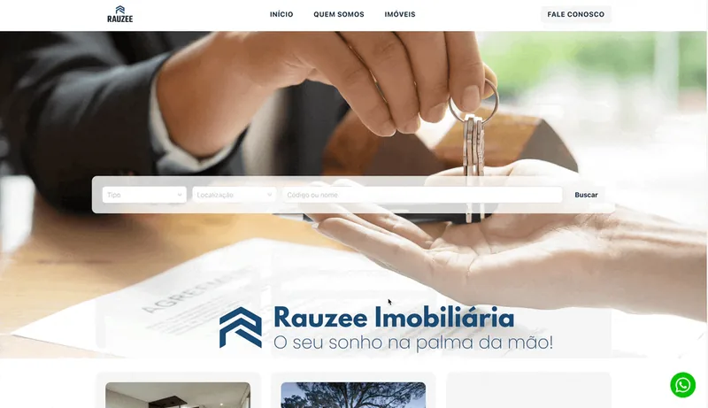 Site imobiliário do escritório publicado pelo Rauzee, com a busca por tipo e localização e os imóveis em destaque