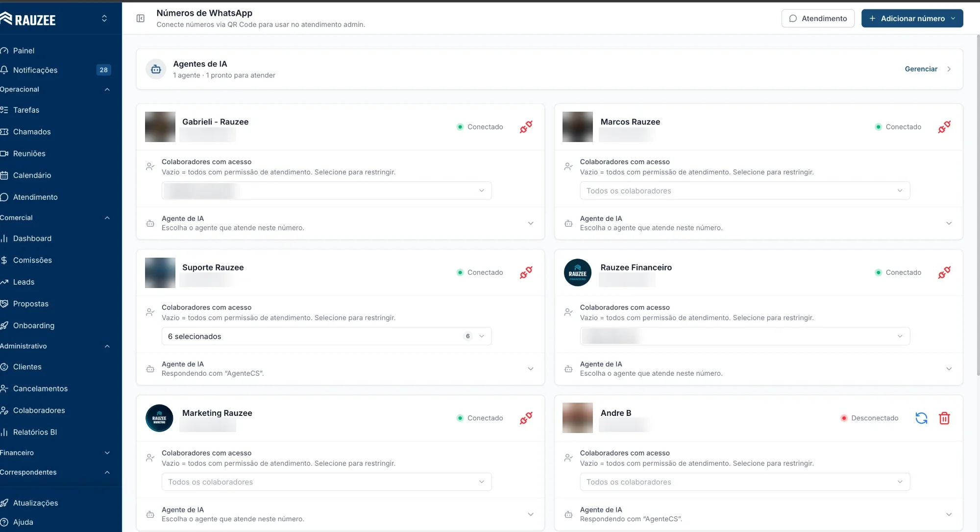 Tela Números de WhatsApp do Rauzee: cada número num cartão, com o estado da conexão, o campo