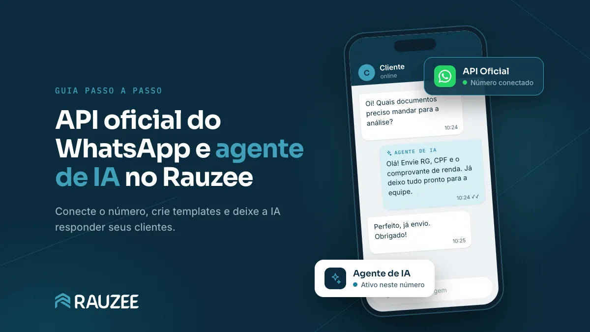 Celular com uma conversa de WhatsApp em que o agente de IA do Rauzee responde ao cliente, ao lado dos selos API Oficial com número conectado e Agente de IA ativo neste número
