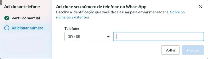 Segunda tela do Adicionar telefone na Meta, Adicionar número: país BR +55 escolhido e o campo do telefone vazio, com o botão Avançar