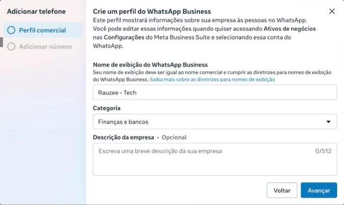 Primeira tela do Adicionar telefone na Meta, Perfil comercial: nome de exibição do WhatsApp Business, categoria Finanças e bancos e descrição da empresa opcional, com o botão Avançar