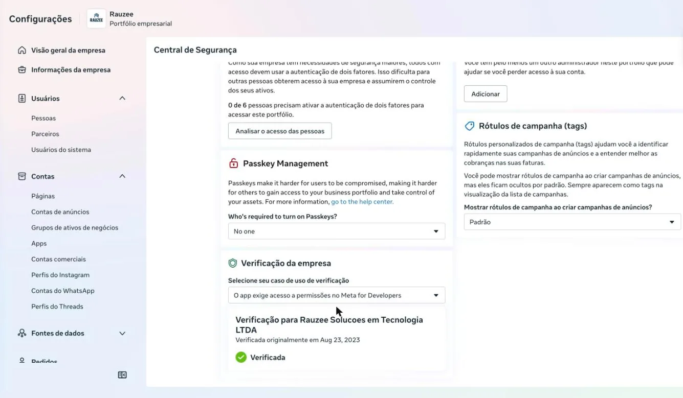 Central de Segurança do portfólio empresarial na Meta, com o quadro Verificação da empresa marcado como Verificada