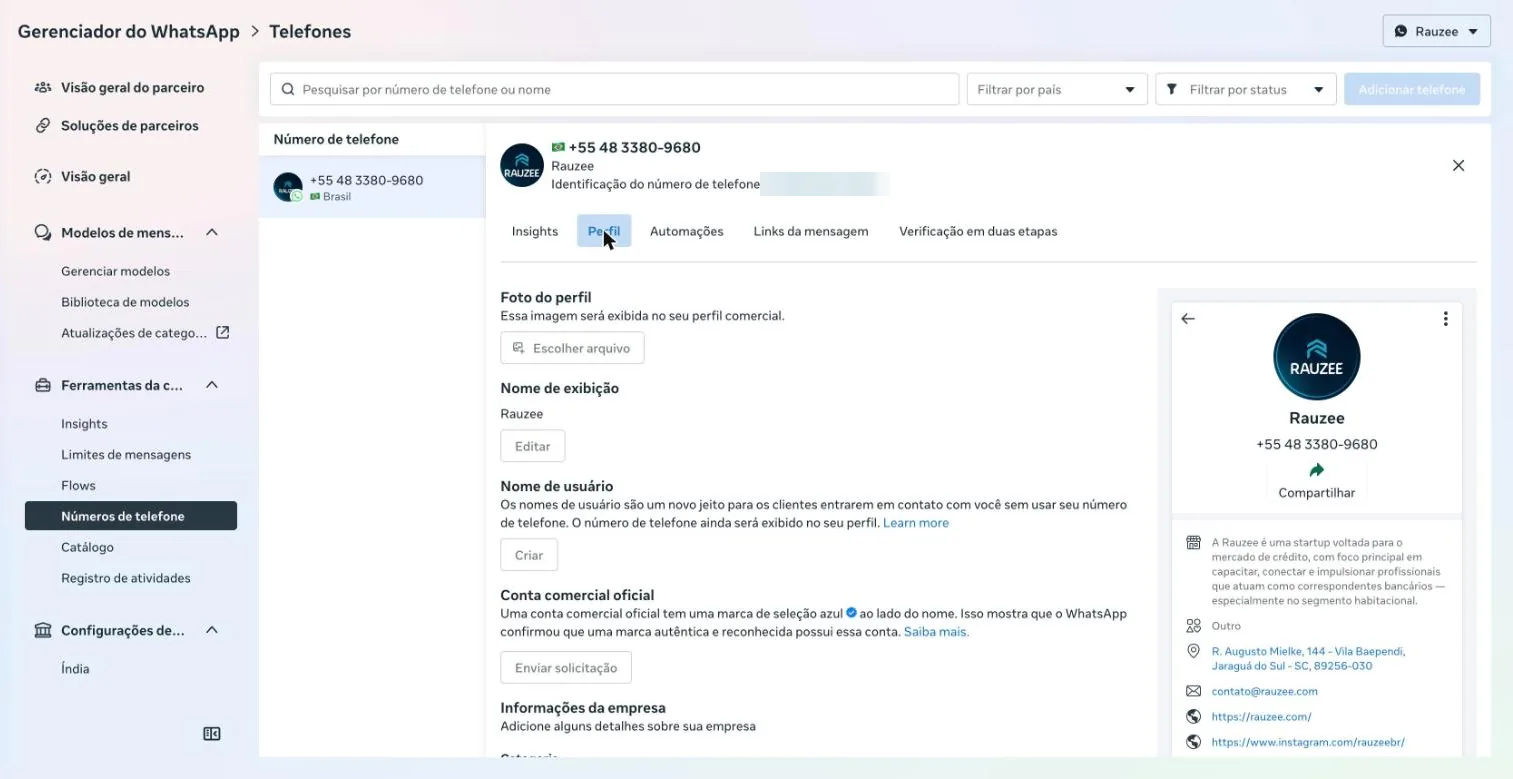 Aba Perfil do número no Gerenciador do WhatsApp: foto do perfil, nome de exibição com o botão Editar, nome de usuário, pedido de conta comercial oficial e a prévia do perfil como o cliente vê no WhatsApp