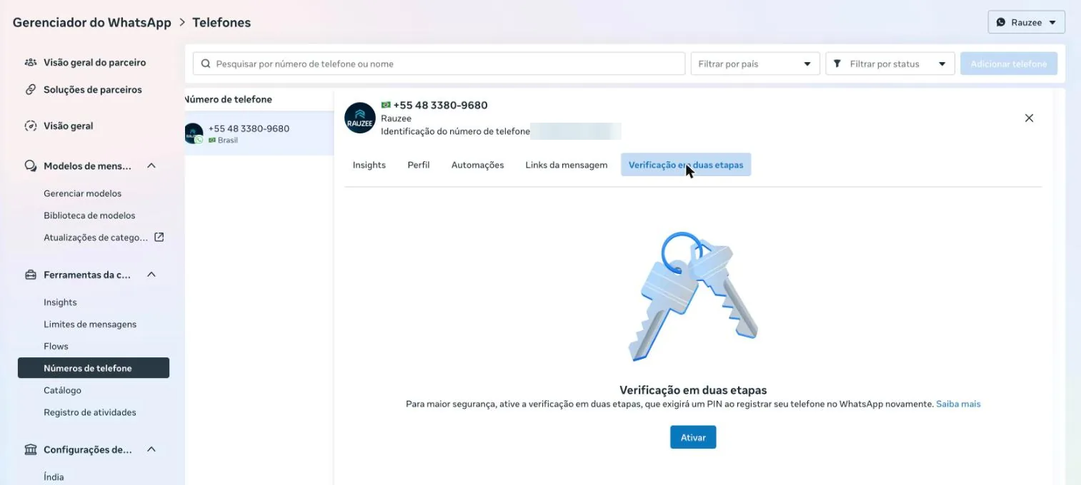 Aba Verificação em duas etapas do número no Gerenciador do WhatsApp, com o botão Ativar para criar o PIN de seis dígitos