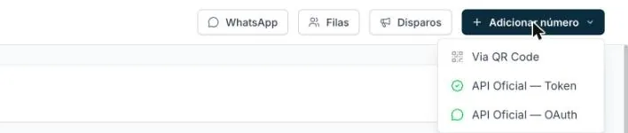 Botão Adicionar número no Rauzee aberto, com as opções Via QR Code, API Oficial Token e API Oficial OAuth